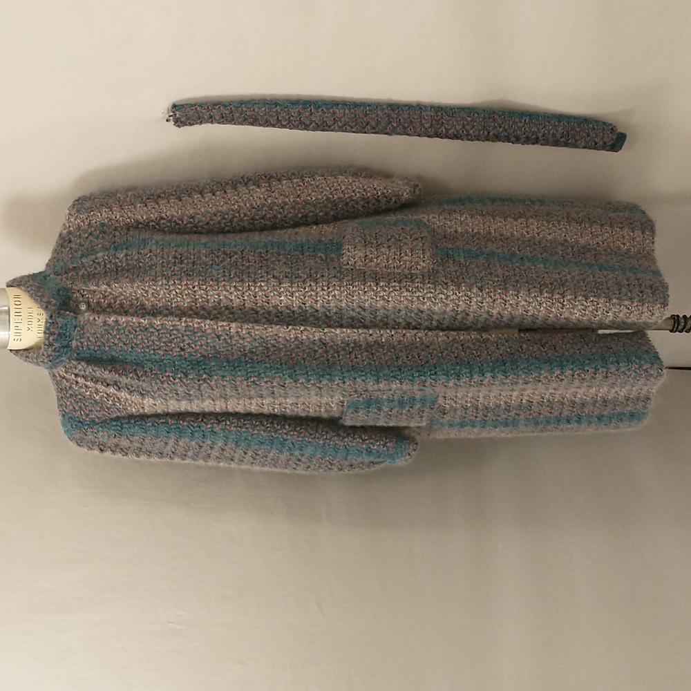 Vintage 80s Coat Woven Mohair Look Mauve & Blue Belted  by Coatree - Picture 6 of 13